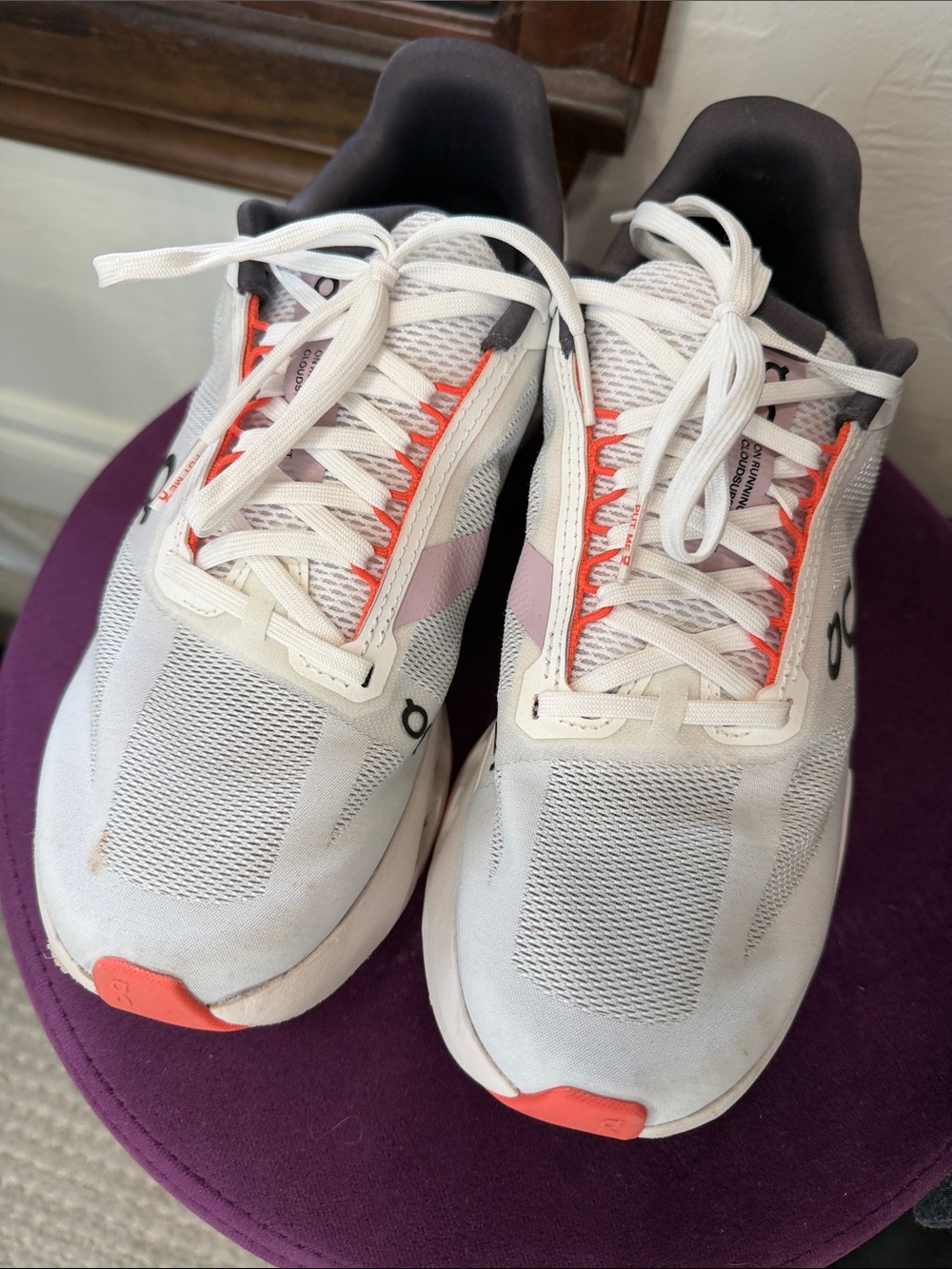 On Cloudsurfer Running Women's White with Orange and Purple Running Shoes